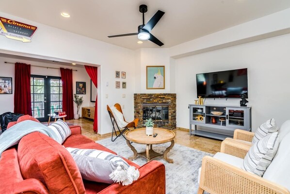 Smart TV, fireplace, video games, offices