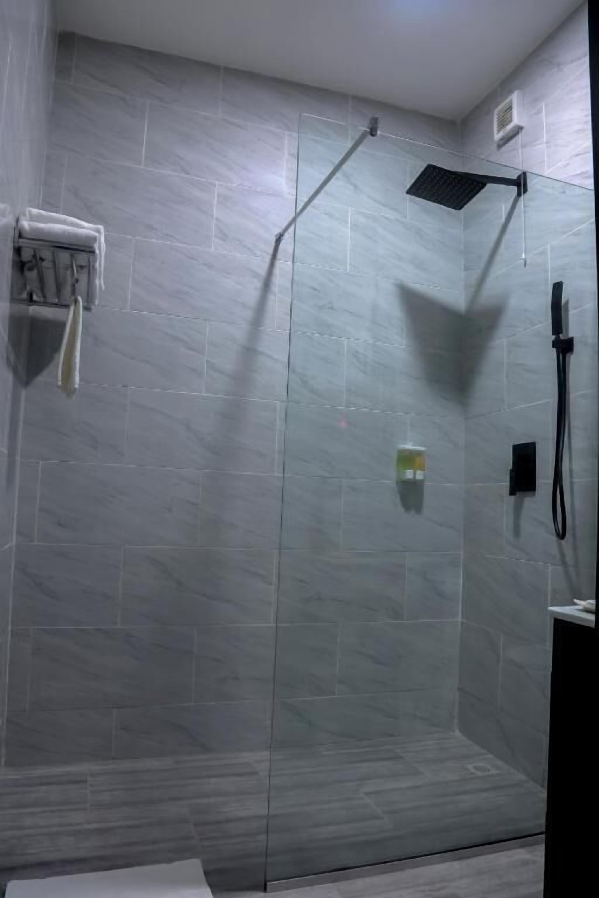 A glass-enclosed shower with a handheld showerhead and a wall-mounted control panel.