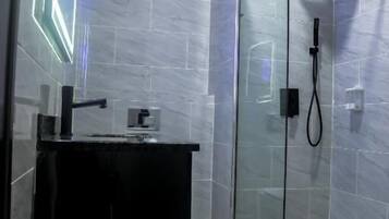Shower, hydromassage showerhead, designer toiletries, hair dryer