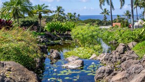 A tropical garden with a pond, rocks, and palm trees. - Palms at Wailea #1605 Tropical Garden View Ground Floor, Wifi, Shared Hot Tub (Wailea)