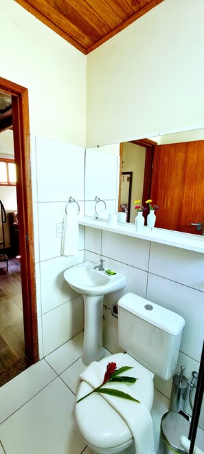 A bathroom with a white sink, toilet, and mirror. - Green Chales (Palmeiras)