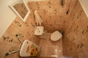 Une salle de bain avec des carreaux à motifs floraux, un lavabo, des toilettes et un miroir.