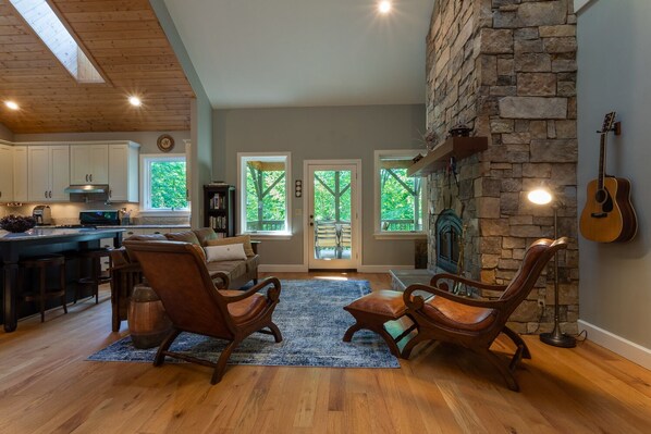 Televisión, chimenea, reproductor de DVD y libros 