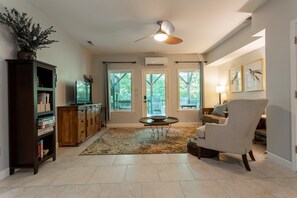 TV, fireplace, DVD player, books