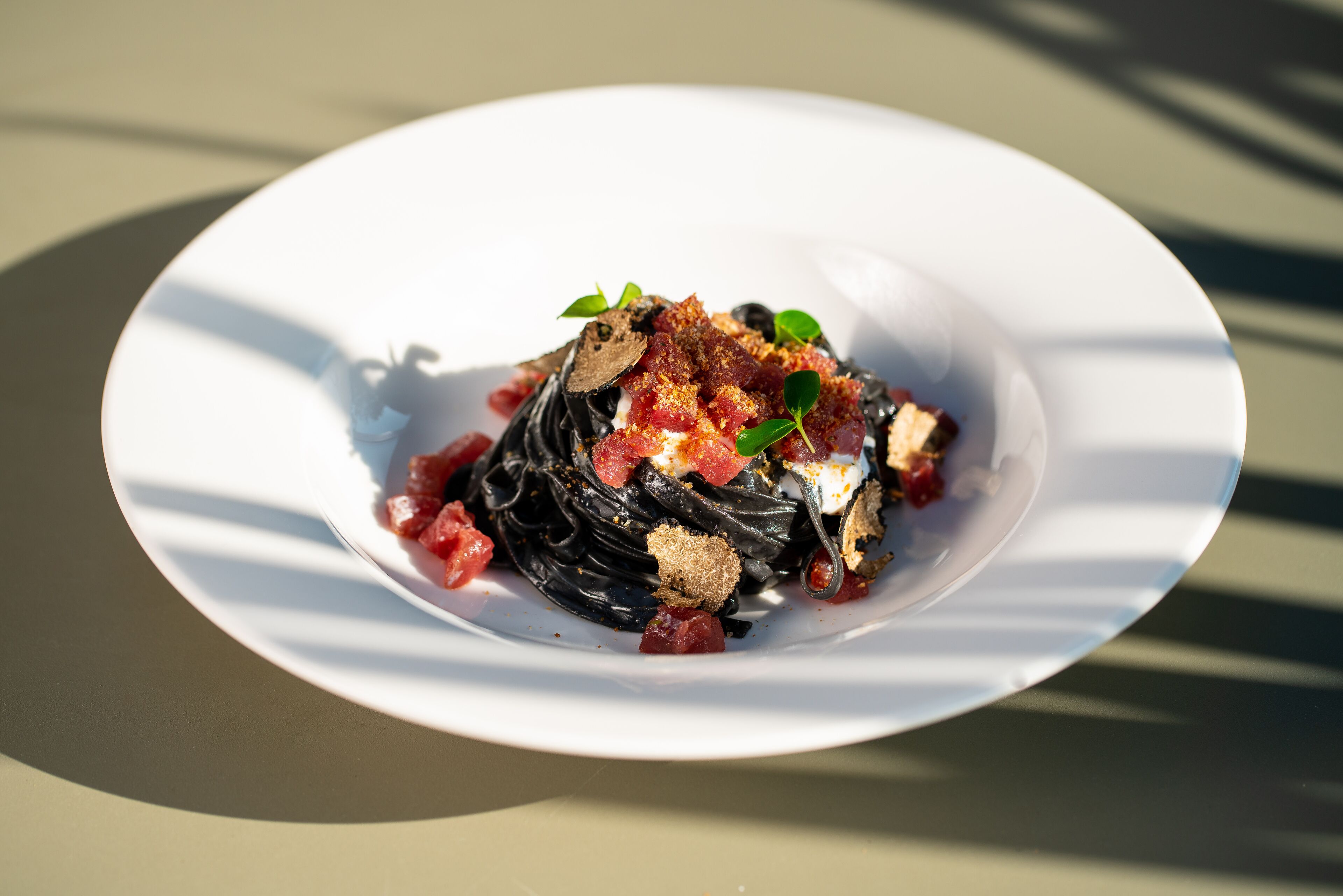Un plato blanco con una porción de pasta negra adornada con tomates rojos y hojas verdes.