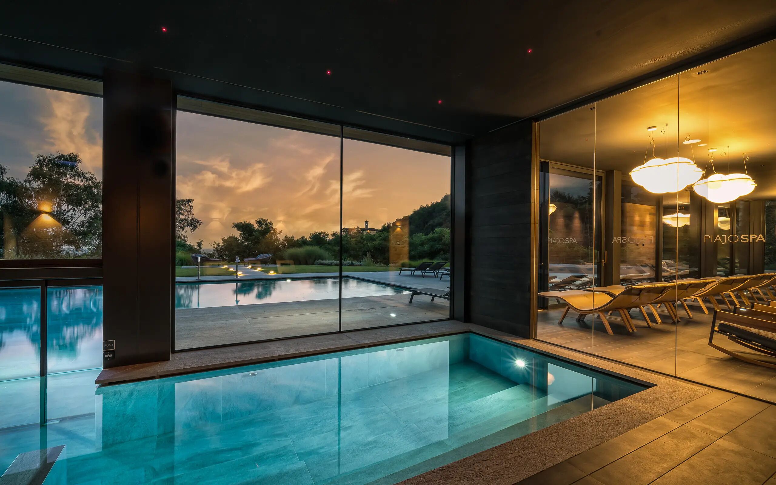 Indoor pool, outdoor pool, pool loungers