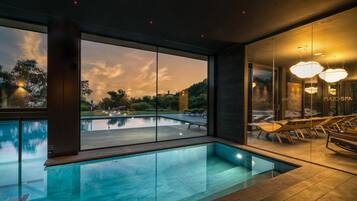 Indoor pool, outdoor pool, pool loungers