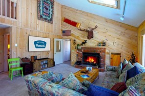 Smart TV, fireplace, video games, DVD player