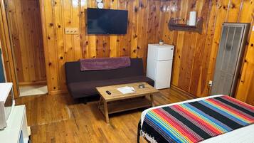 Una habitación con paredes de madera, un sofá, una mesita, una cama con una manta colorida, un televisor, un refrigerador y un calentador.