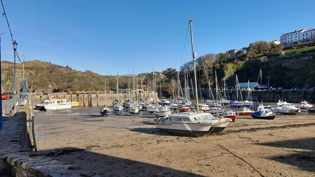 A marina with numerous boats docked, a stone wall, and a clear blue sky. - Cosy Apartment Close to Tunnels Beaches (Ilfracombe)