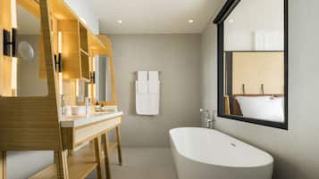 Eco-friendly toiletries, hair dryer, bathrobes, towels