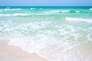 On the beach, sun loungers