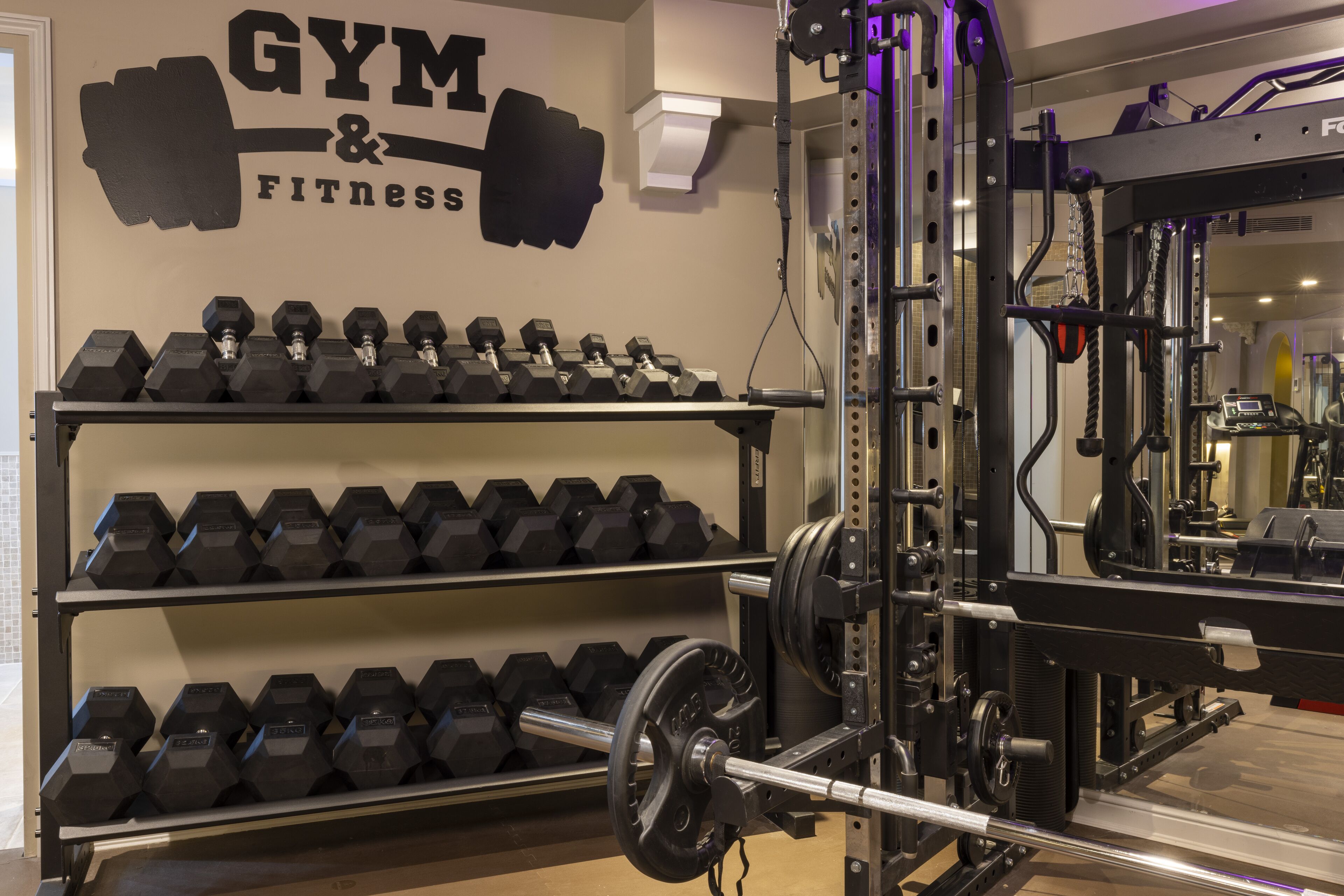 Een sportschool met gewichtrekken, dumbbells en fitnessapparatuur.