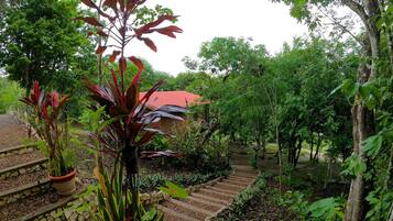 A garden with a stone staircase leading to a wooden structure with a red roof.