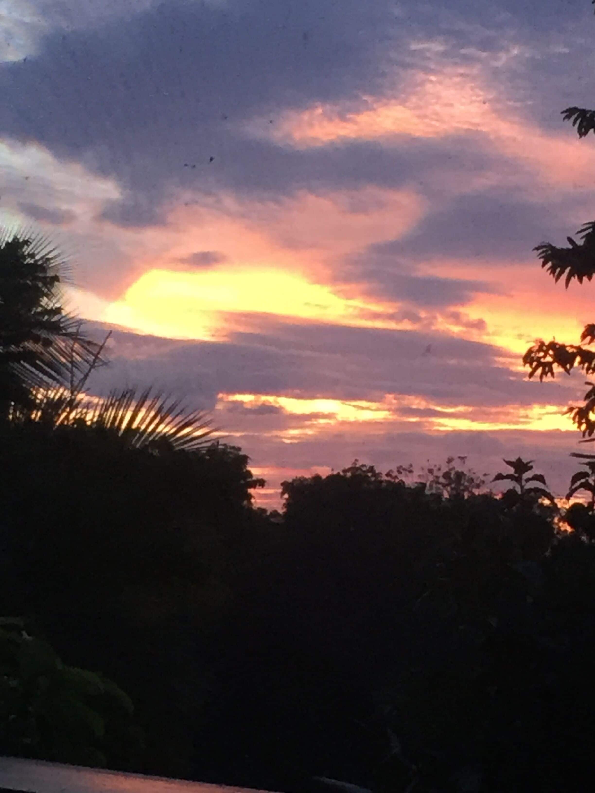 A sunset with clouds and silhouettes of trees.