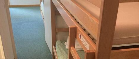 Una cama litera con estructura de madera y un colchón.