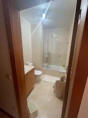 Combined shower/bathtub, bidet, towels, soap