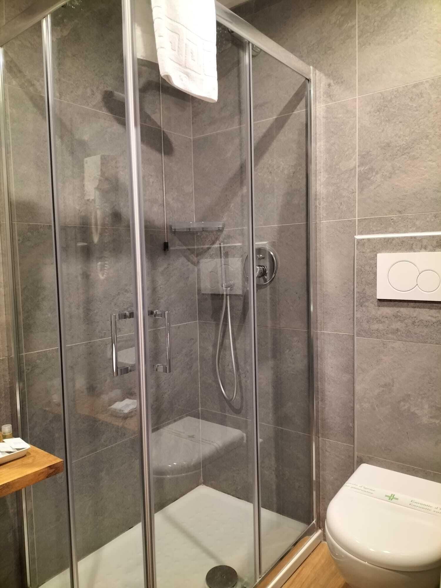 A glass-enclosed shower stall with a handheld showerhead, a glass door, and a white toilet with a green logo.