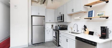 Fridge, microwave, oven, stovetop