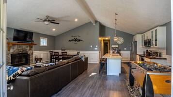 Smart TV, fireplace, DVD player, foosball