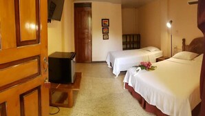 A hotel room with two single beds, a wooden wardrobe, a desk with a television, and a small table with a vase of flowers. - Cristina's (Cóbano)