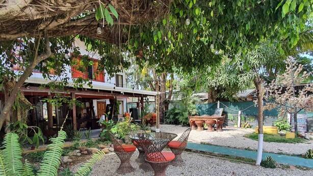 A patio area with outdoor seating, a pergola, and a variety of plants. - Cristina's (Cóbano)