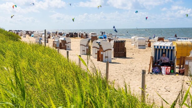 En strand med strandhytter, några med parasoller, och en gräsyta i förgrunden.