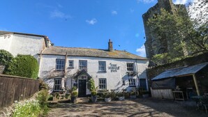 A white building with a sign reading "The Tower Inn" and a stone tower to the right. - Wrens Nest (Kingsbridge)