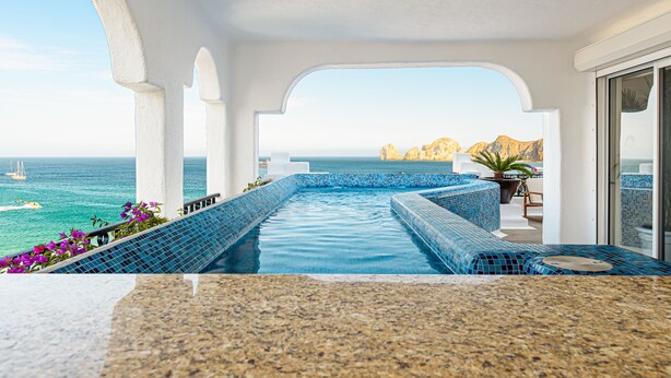 Piscina infinita con vista al océano y montañas, una planta en maceta y un espacio de descanso con vistas.