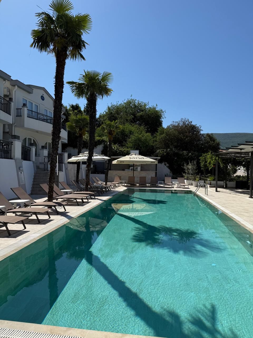 A swimming pool with lounge chairs and umbrellas, surrounded by palm trees and a building with a balcony.