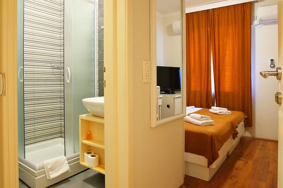 Una habitación de hotel con ducha, cama, televisión y baño con inodoro y lavamanos.