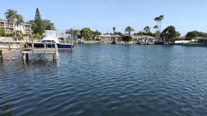 A marina with docked boats, a wooden dock, and a backdrop of palm trees and buildings. - Beautiful Waterfront apartment 2 bdrm: sand, Beach (Treasure Island)