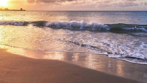 A beach with waves at sunset, clear sky, and distant city skyline.