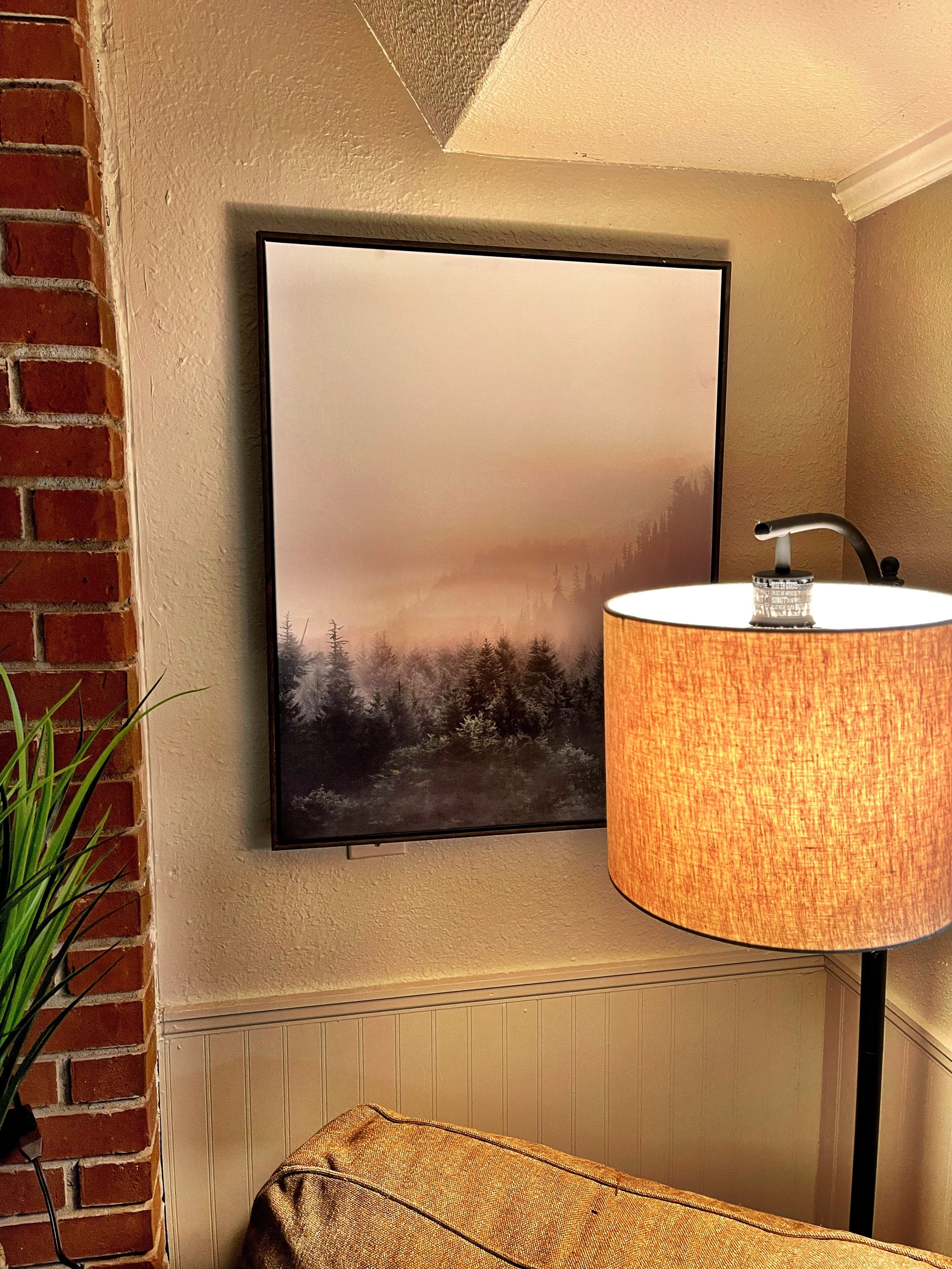 A room with a framed picture on the wall, a lamp, a plant, and a wooden bench.