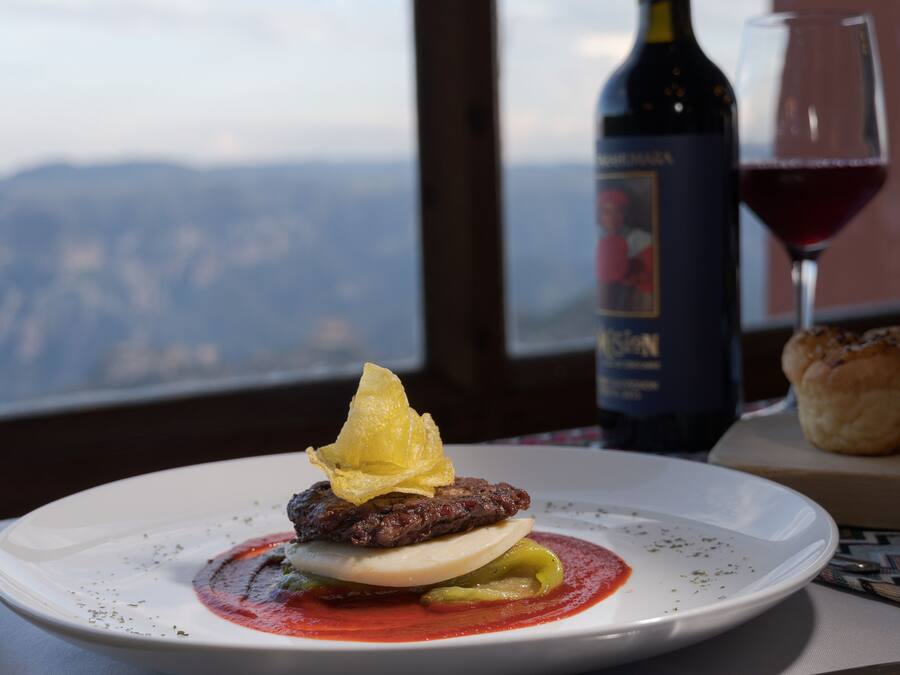 Prato de comida com hambúrguer, ovo e molho, uma garrafa de vinho e um copo de vinho sobre uma mesa com vista para as montanhas ao fundo.