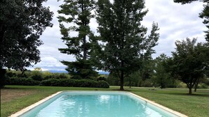 A rectangular swimming pool with a light-colored edge, surrounded by well-maintained grass and trees.