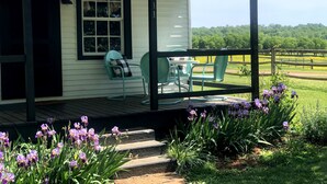 A house with a porch, a window, and a view of a green landscape.