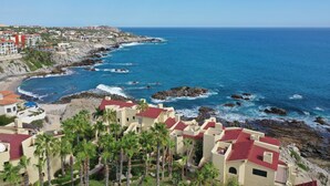 A coastal resort with multiple buildings, a rocky shoreline, and palm trees. - New! Ocean Views, Perfect Location, Great Amenities (Cabo San Lucas)