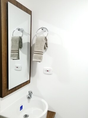 Ducha, toallas, shampoo, papel higiénico