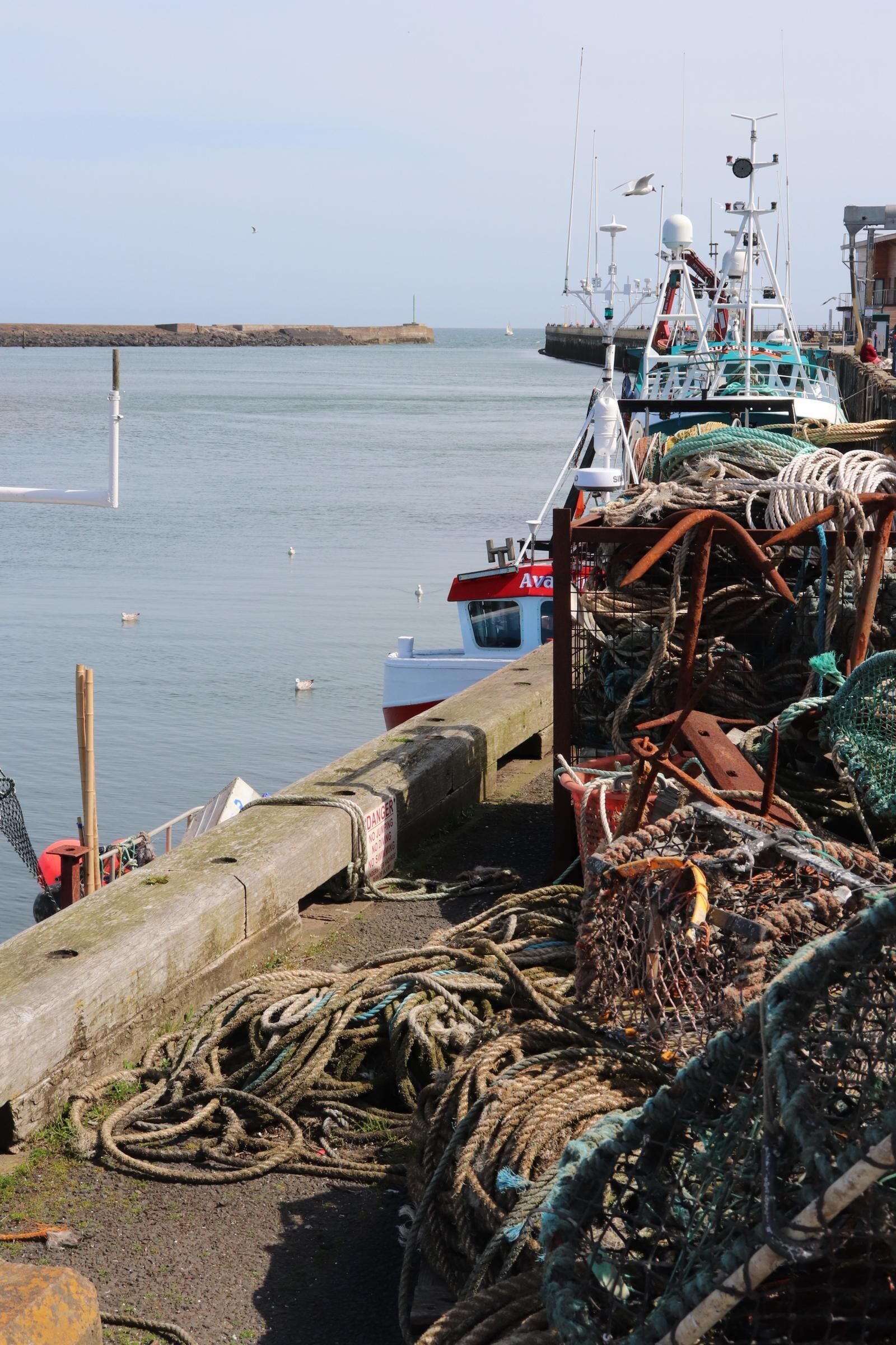 A harbor with boats, ropes, and a concrete barrier.