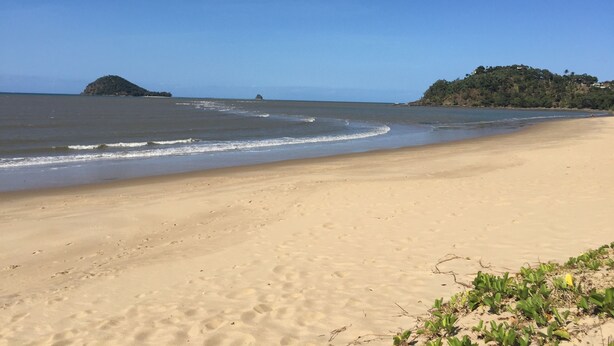 Una playa arenosa con olas suaves, una pequeña isla y una colina boscosa al fondo.