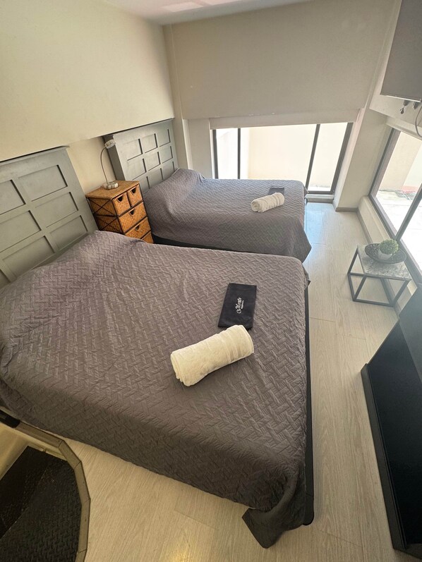 Two beds with headboards, a small wooden side table, a black box, and a potted plant.