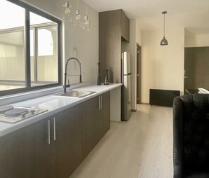 Kühlschrank, Mikrowelle, Herdplatte, Kochgeschirr/Geschirr/Besteck