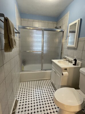 Combined shower/tub, hair dryer, towels, soap