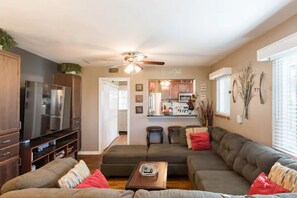 Smart TV, fireplace, DVD player, foosball