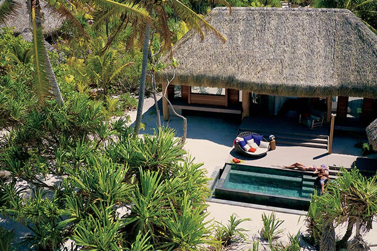 A thatched-roof structure with a pool and lounge area surrounded by tropical vegetation.