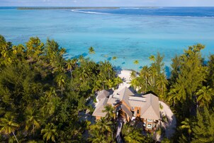 A tropical resort with a thatched-roof building surrounded by palm trees and a clear view of the turquoise sea.