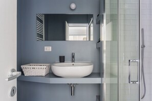 Shower, hair dryer, bidet, towels