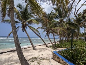 On the beach, sun loungers, beach towels