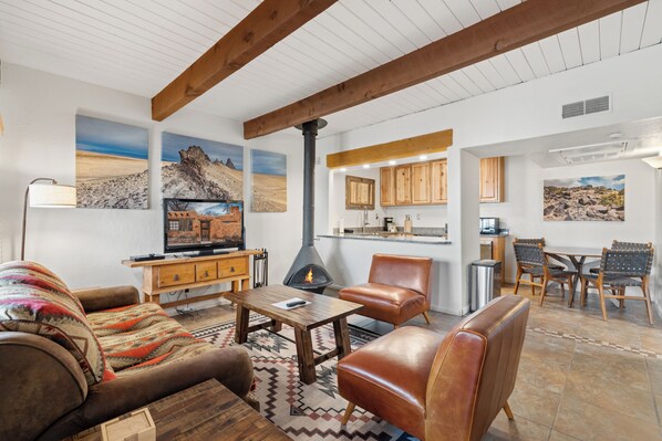 Smart TV, fireplace, DVD player, books